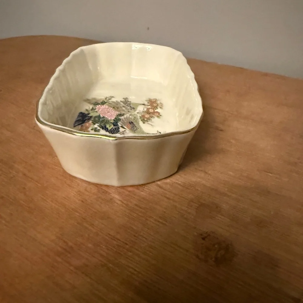Vintage Japanese Porcelain floral, bird, print gold edge Soap or Trinket Dish